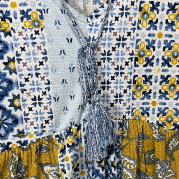 Cato Patchwork Floral Green Blue Yellow Rust  V-Neck Cap Sleeve Top Size L - Picture 5 of 9